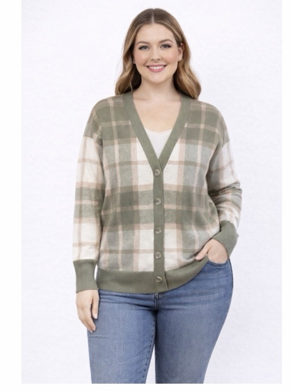 Rachel Zoe Plaid V Neck Soft Knit Cardigan Sweater